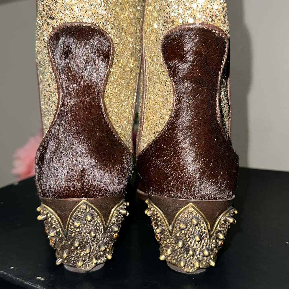 Giuseppe Zanotti Gold Sparkle and Brown Heeled Boots - Picture 3 of 6